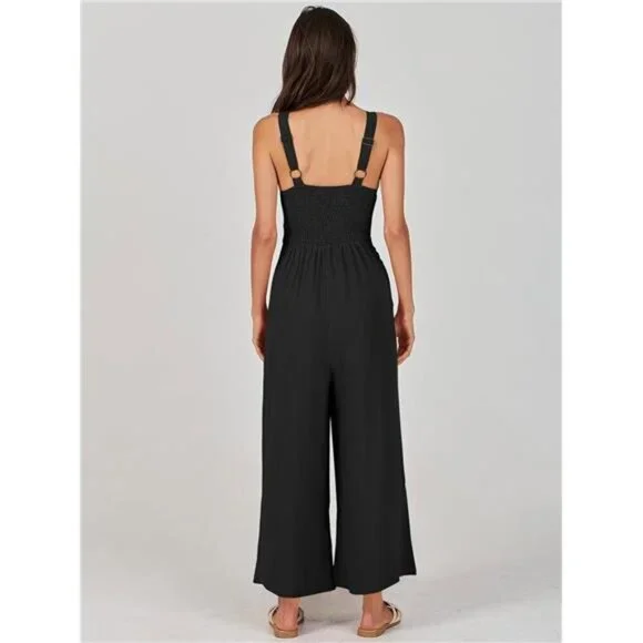 Women's Summer Wide Leg Linen Jumpsuit V Neck Sleeveless Casual Pants Romper